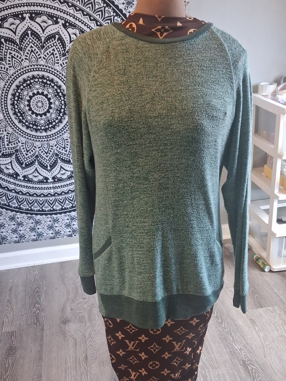 Sage Green Crewneck Sweater with Contrast Trim